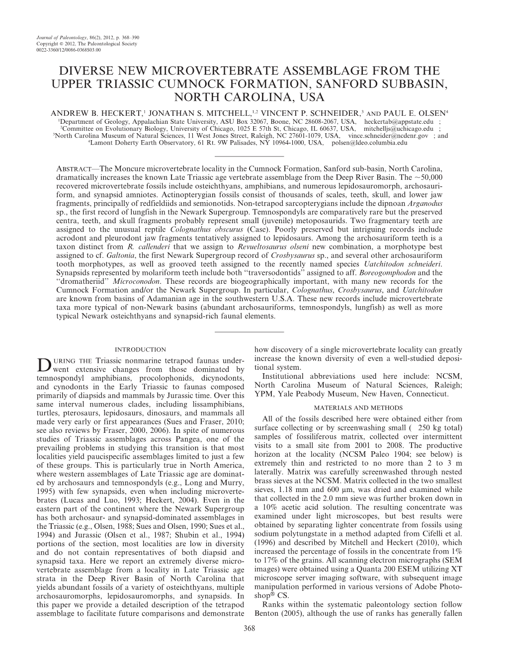 Diverse New Microvertebrate Assemblage from the Upper Triassic Cumnock Formation, Sanford Subbasin, North Carolina, Usa