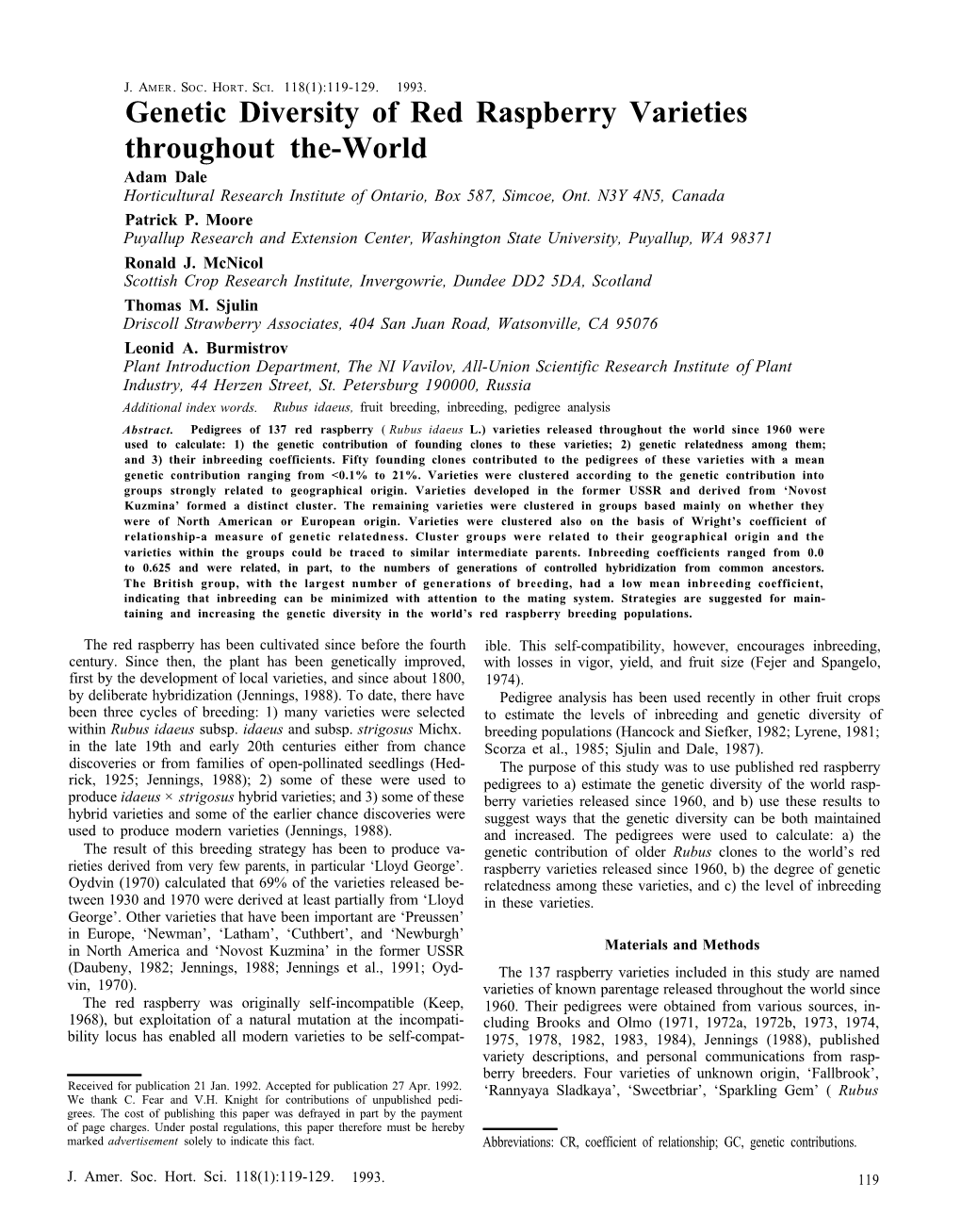 "Genetic Diversity of Red Raspberry Varieties Throughout the World"