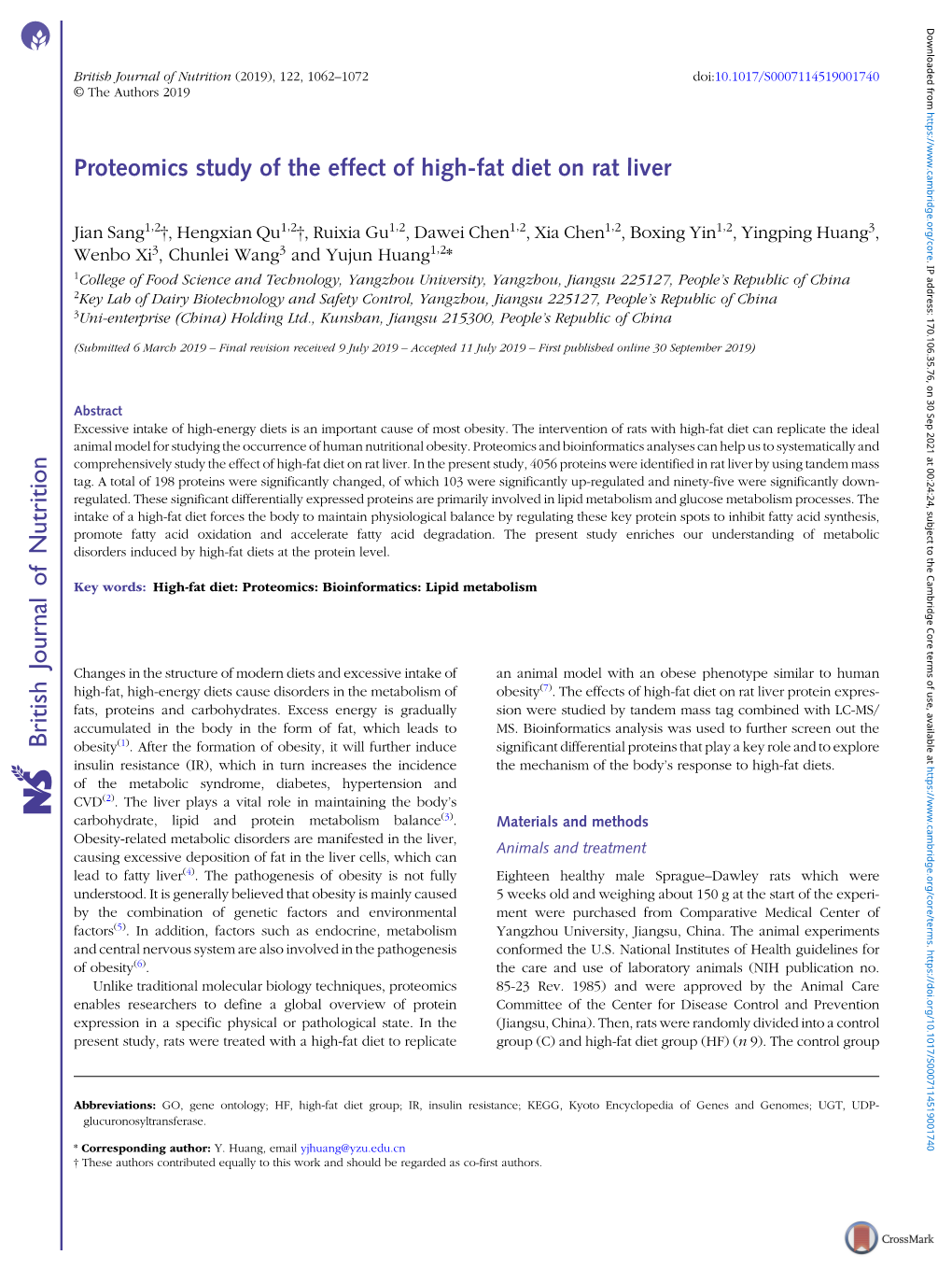 Proteomics Study of the Effect of High-Fat Diet on Rat Liver