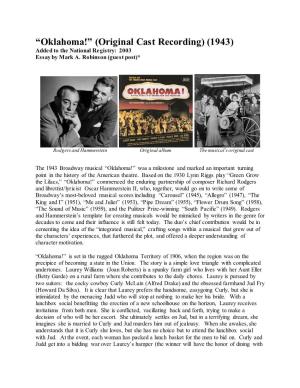 Oklahoma!” (Original Cast Recording) (1943) Added to the National Registry: 2003 Essay by Mark A