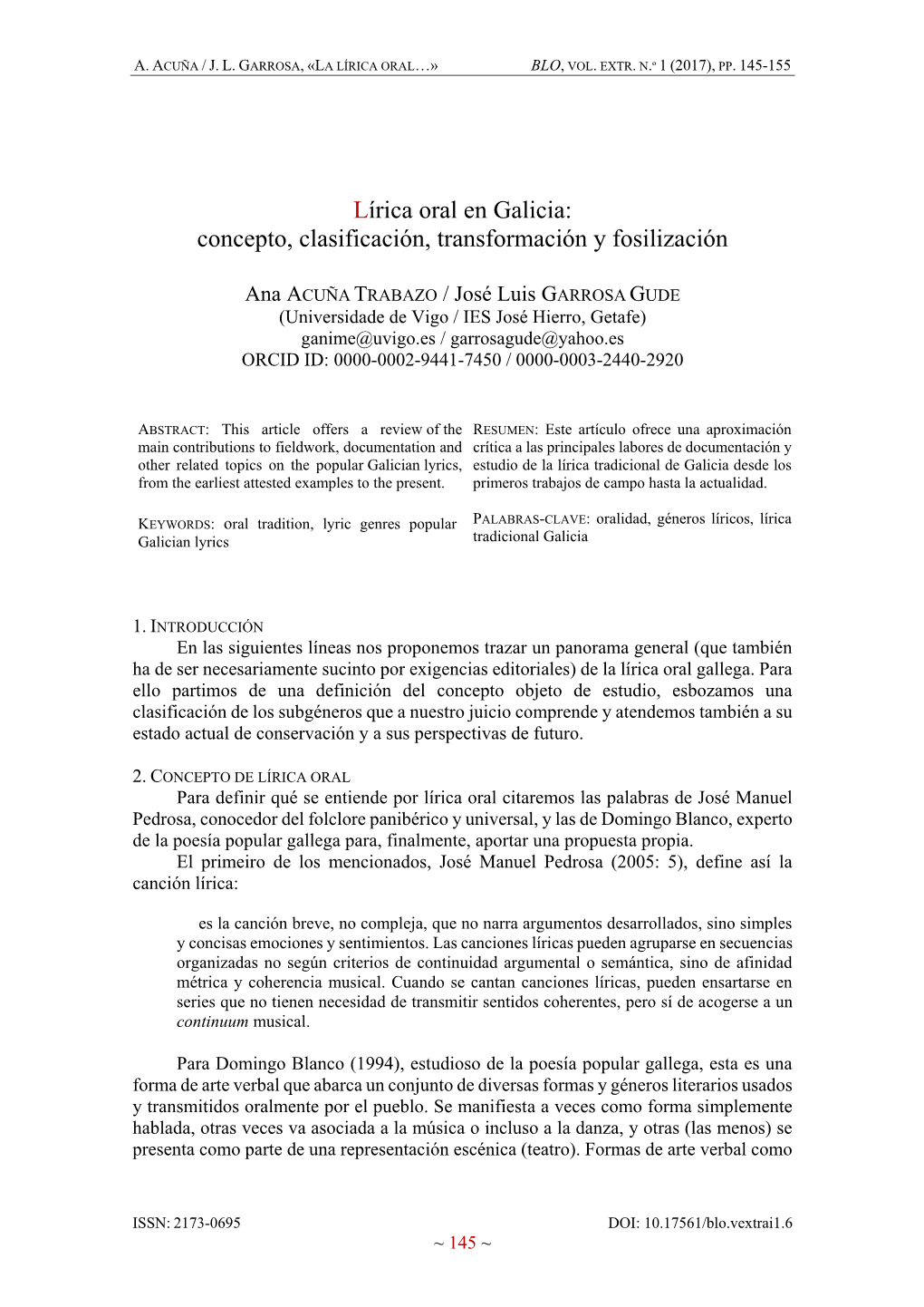 Lírica Oral En Galicia: Concepto, Clasificación, Transformación Y Fosilización