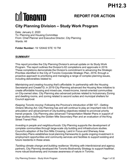 REPORT for ACTION City Planning Division – Study Work Program