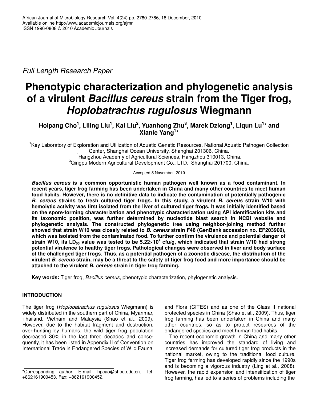 Phenotypic Characterization and Phylogenetic Analysis of a Virulent Bacillus Cereus Strain from the Tiger Frog, Hoplobatrachus Rugulosus Wiegmann