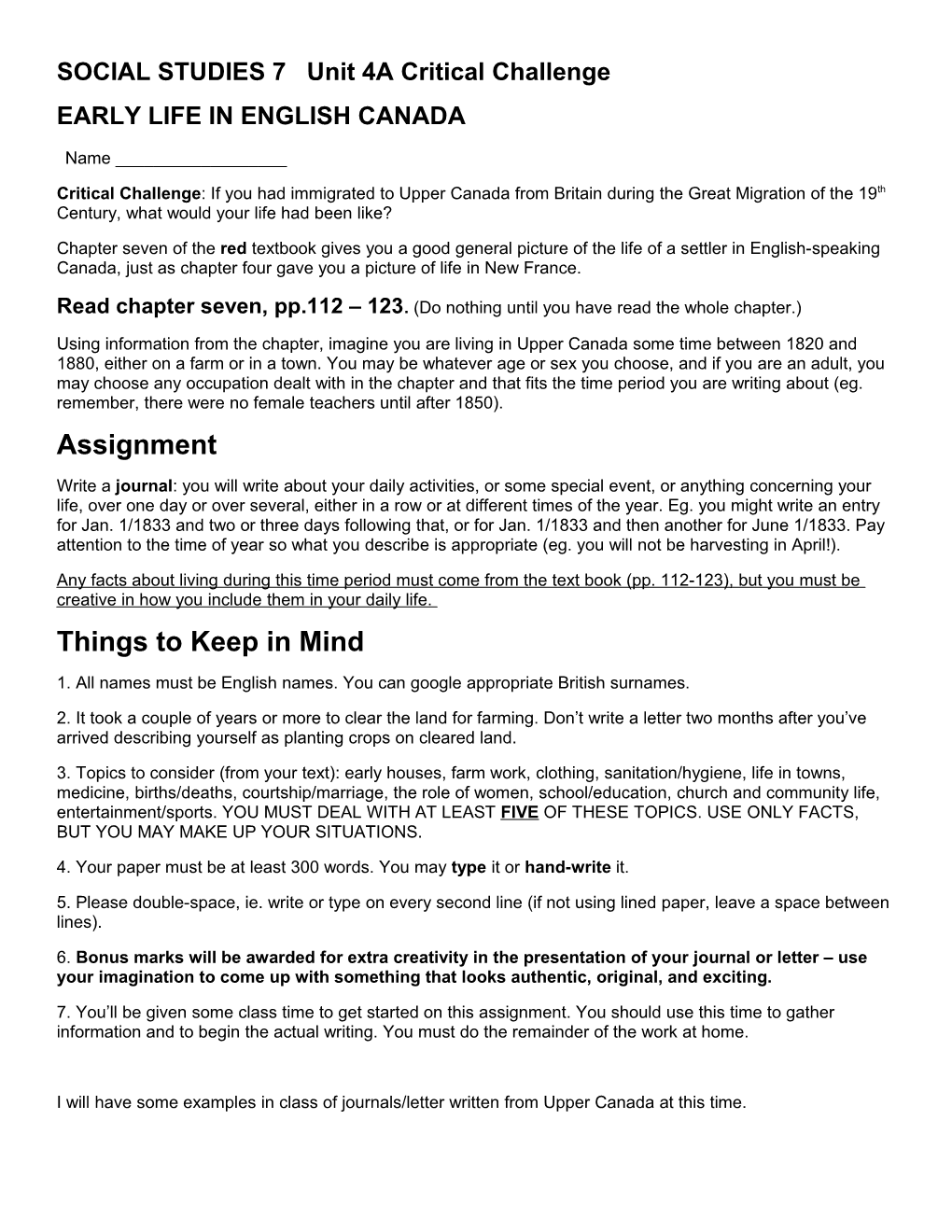 SOCIAL STUDIES 7 Unit 4A Critical Challenge