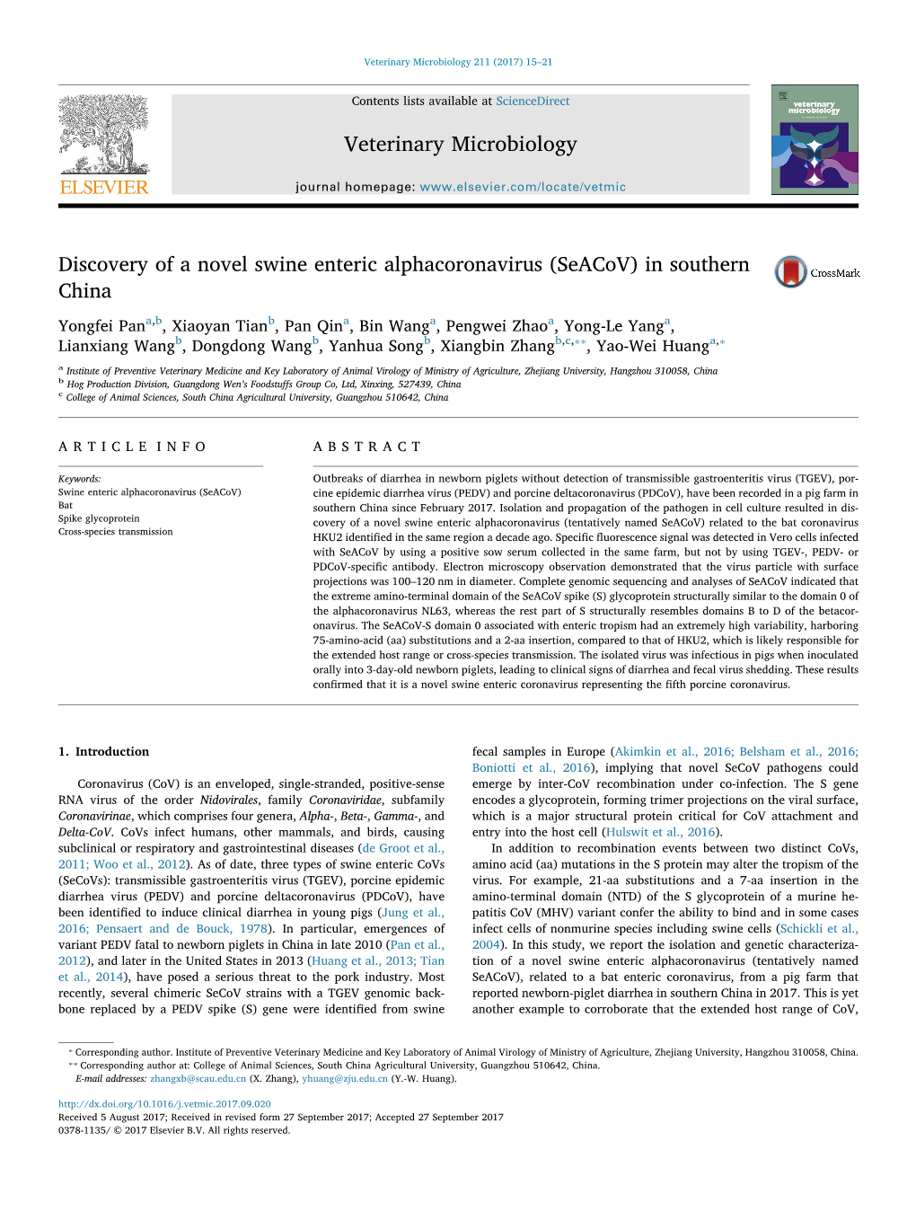 Discovery of a Novel Swine Enteric Alphacoronavirus (Seacov) in Southern MARK China