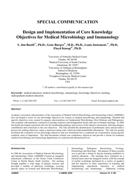 SPECIAL COMMUNICATION Design and Implementation of Core Knowledge Objectives for Medical Microbiology and Immunology