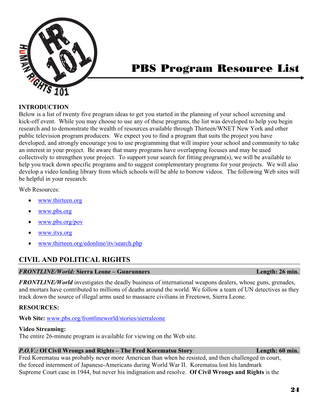 PBS Program Resource List