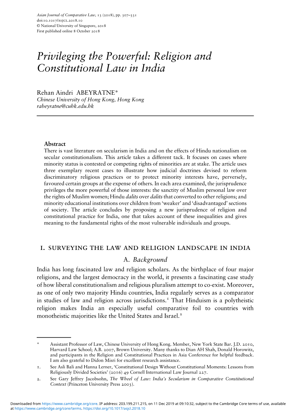 Privileging the Powerful: Religion and Constitutional Law in India