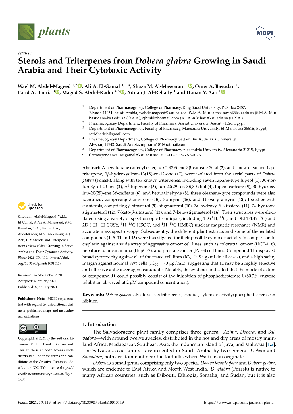 Sterols and Triterpenes from Dobera Glabra Growing in Saudi Arabia and Their Cytotoxic Activity