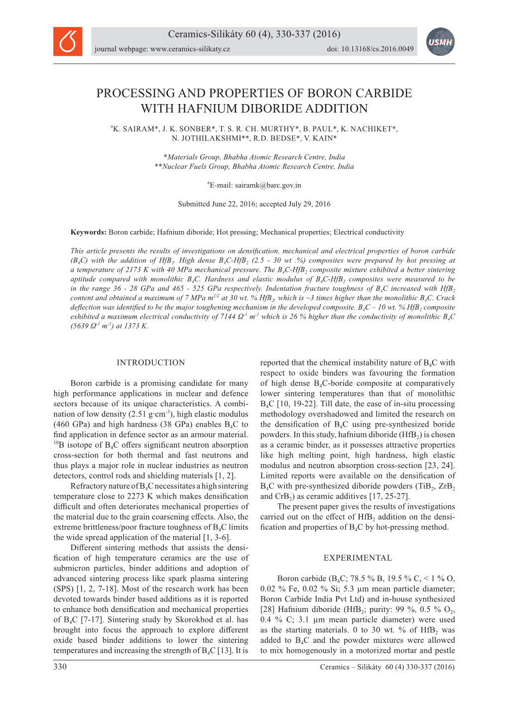 Processing and Properties of Boron Carbide with Hafnium Diboride Addition