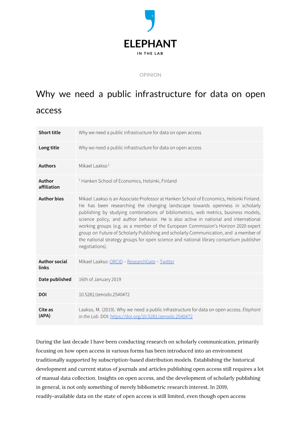 Why We Need a Public Infrastructure for Data on Open Access