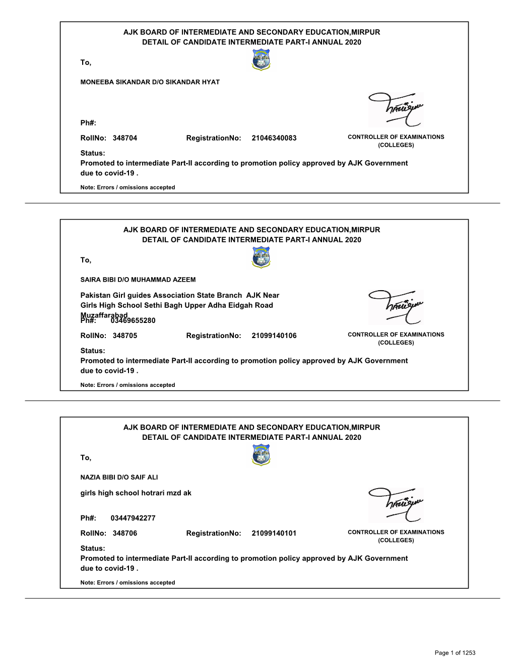 List of HSSC PI A20 Private Students Promoted In