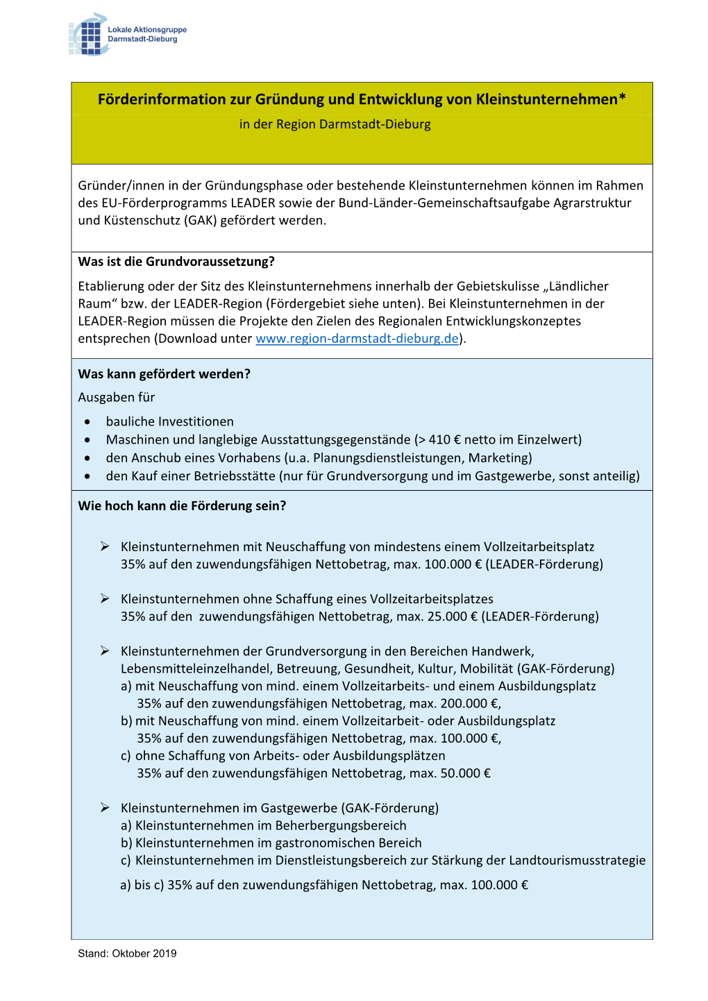 Förderinformation Zur Gründung Und Entwicklung Von Kleinstunternehmen* in Der Region Darmstadt-Dieburg