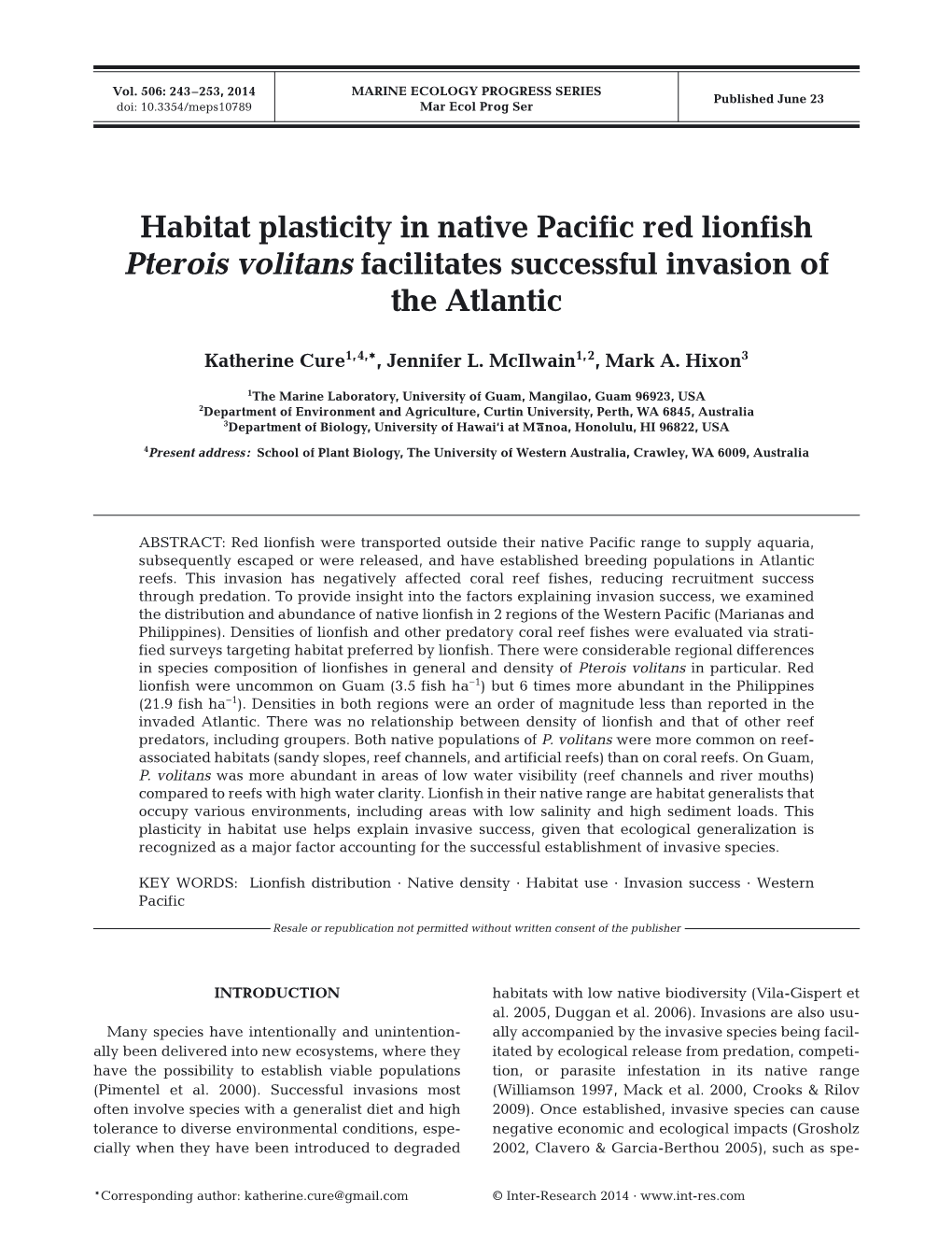 Habitat Plasticity in Native Pacific Red Lionfish Pterois Volitans Facilitates Successful Invasion of the Atlantic