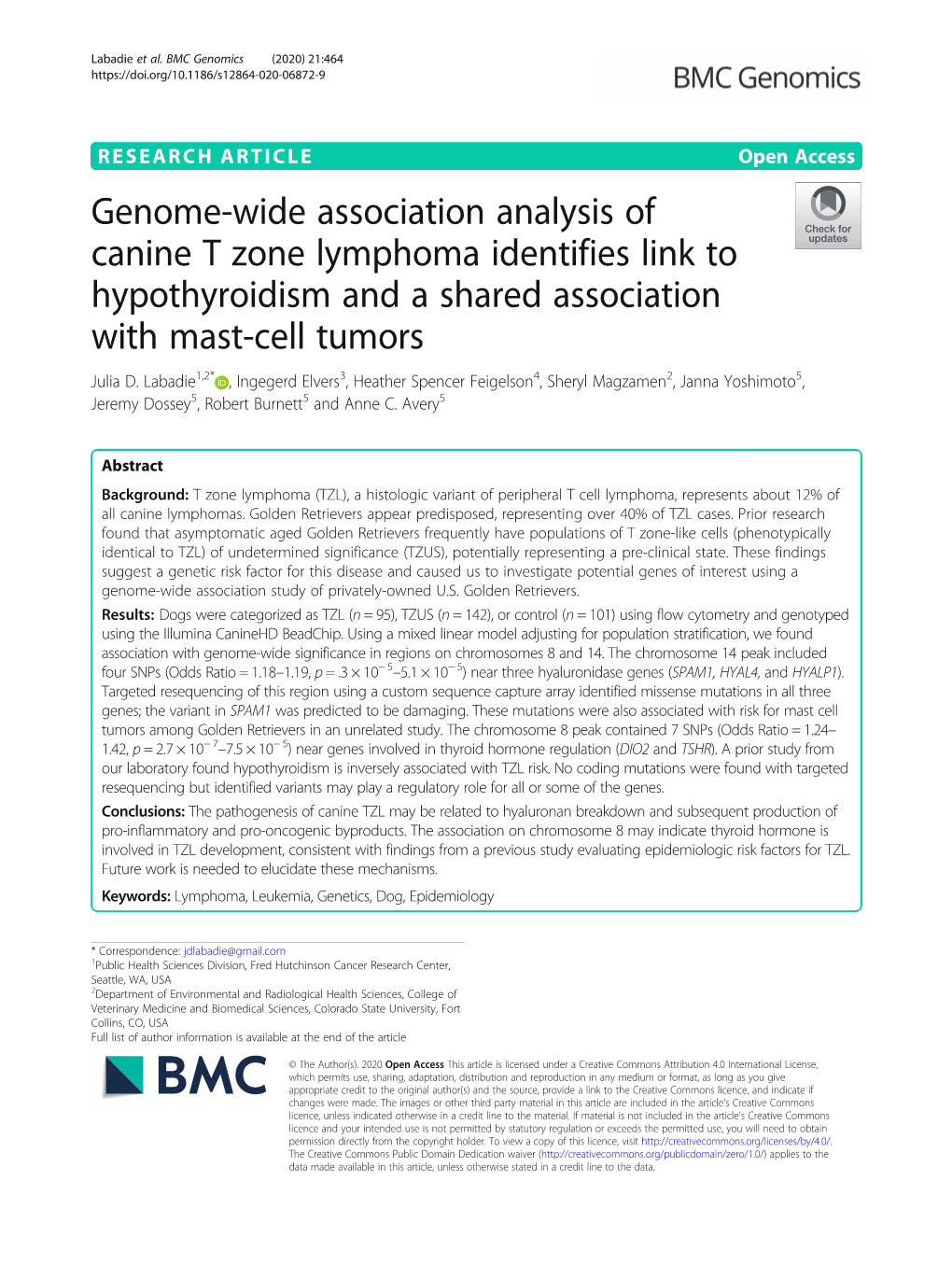 Genome-Wide Association Analysis of Canine T Zone Lymphoma Identifies Link to Hypothyroidism and a Shared Association with Mast-Cell Tumors Julia D