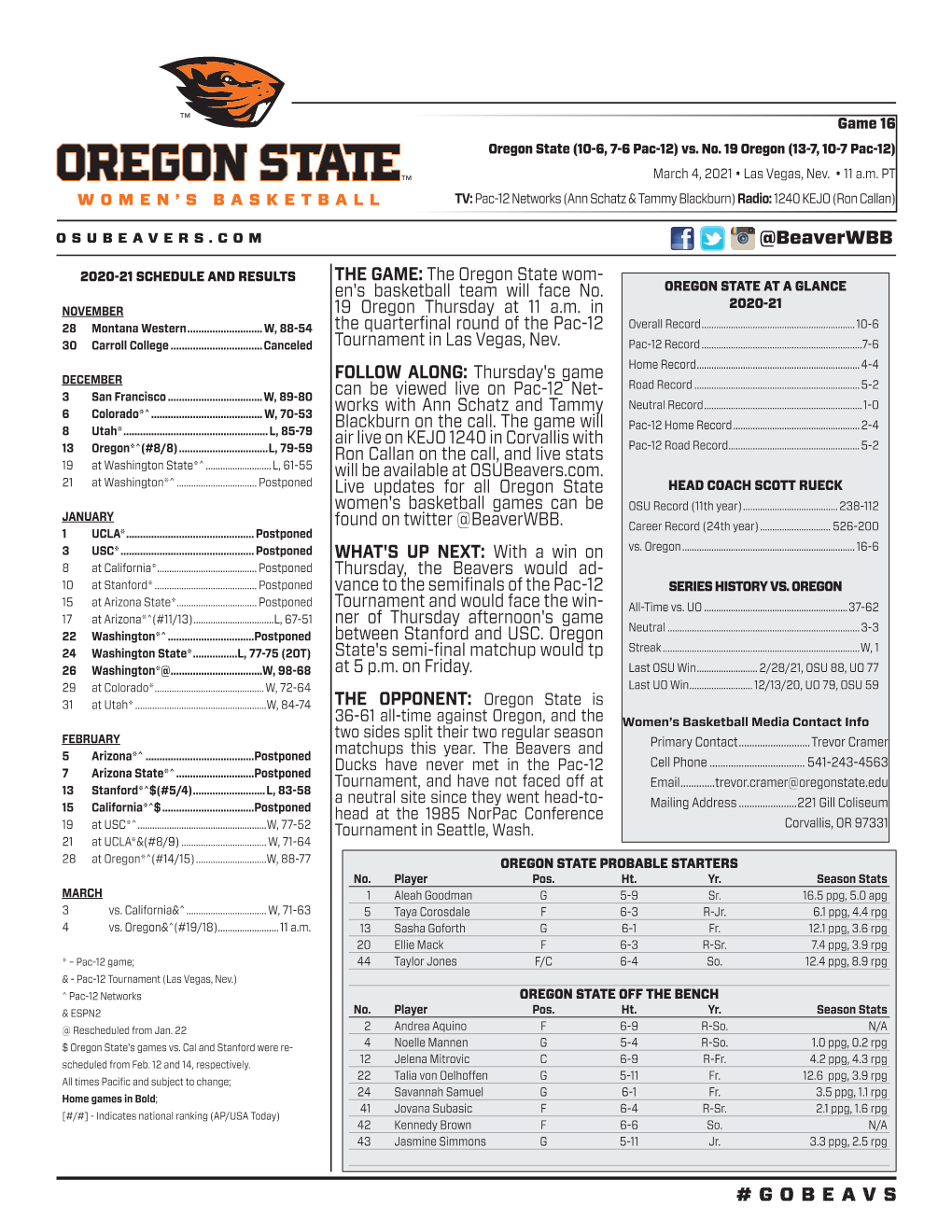 THE GAME: the Oregon State Wom- En's Basketball Team Will Face No