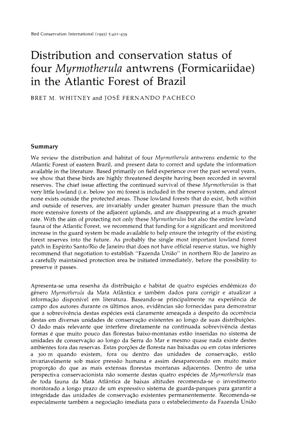 Distribution and Conservation Status of Four Myrmotherula Antwrens (Formicariidae) in the Atlantic Forest of Brazil