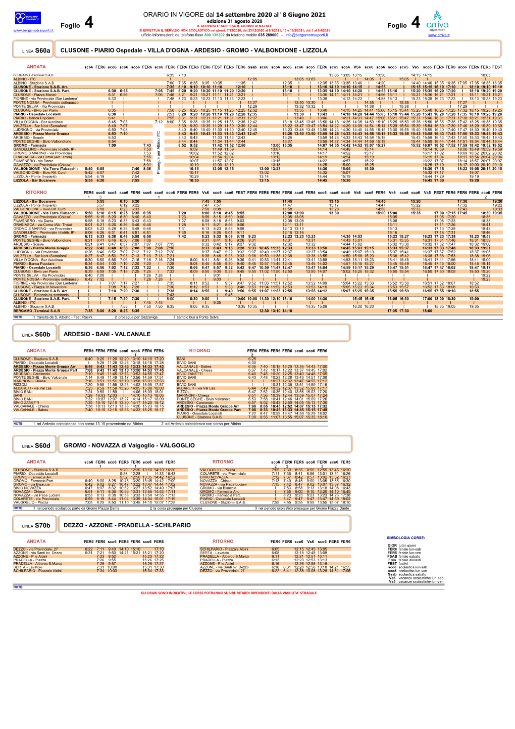 Foglio 4 ORARIO in VIGORE Dal 14 Settembre 2020 All' 8 Giugno 2021