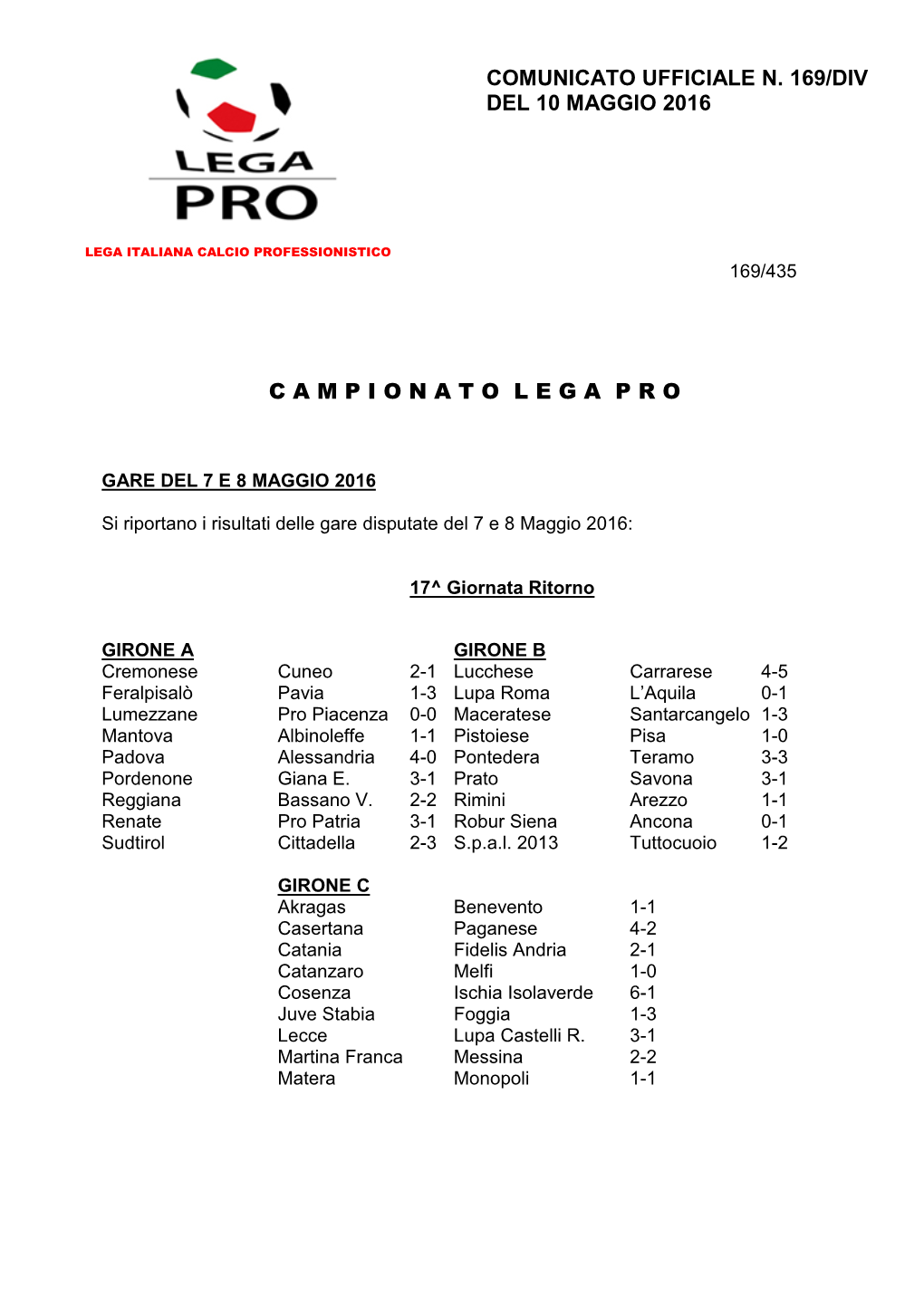 Comunicato Ufficiale N. 169/Div Del 10 Maggio 2016