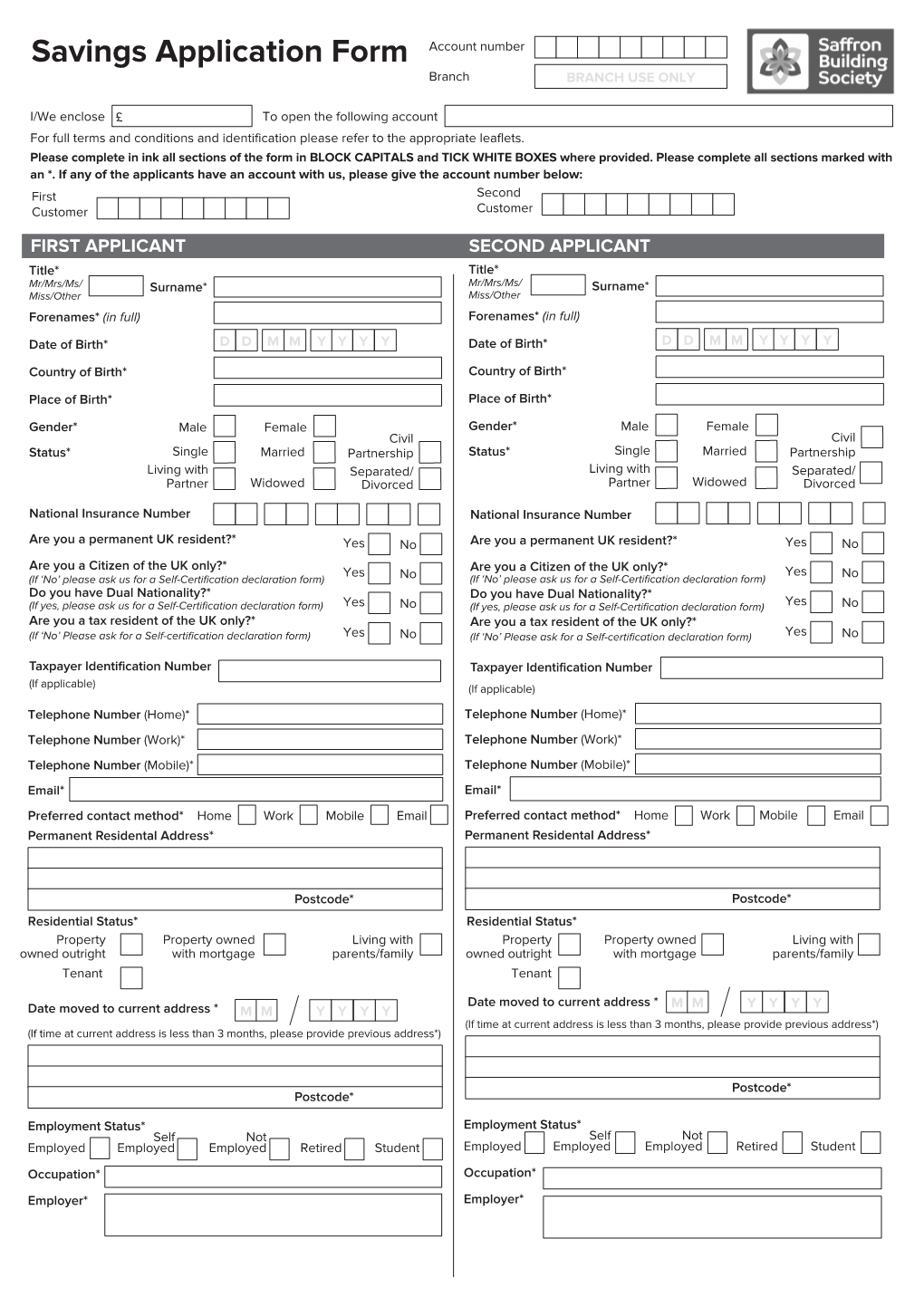 Savings Application Form Branch BRANCH USE ONLY