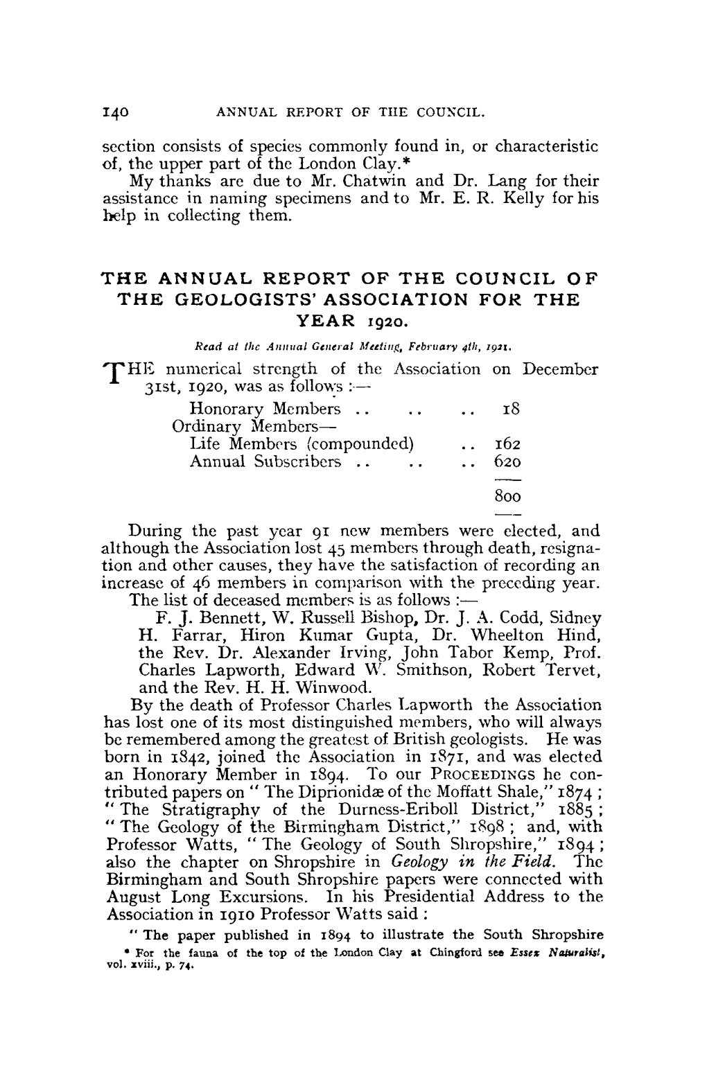 The Annual Report of the Council of the Geologists' Association for the Year 1920