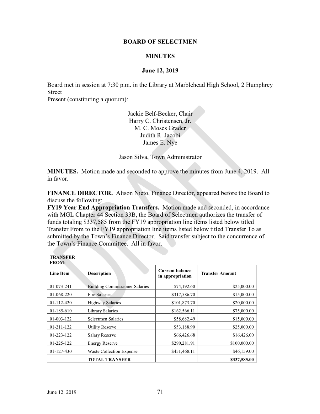 71 Board of Selectmen Minutes