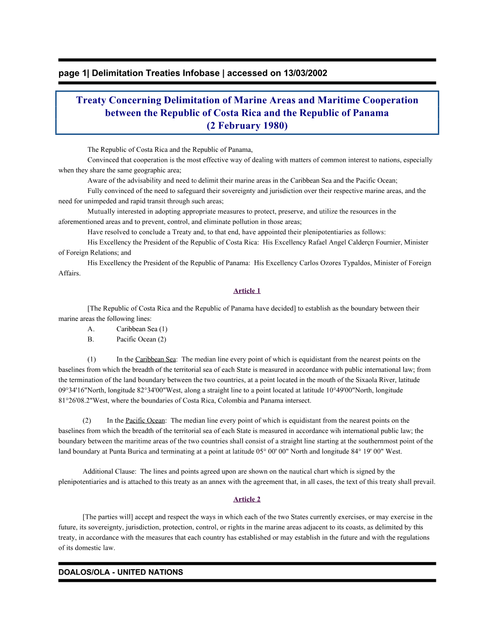 Treaty Concerning Delimitation of Marine Areas and Maritime Cooperation Between the Republic of Costa Rica and the Republic of Panama (2 February 1980)