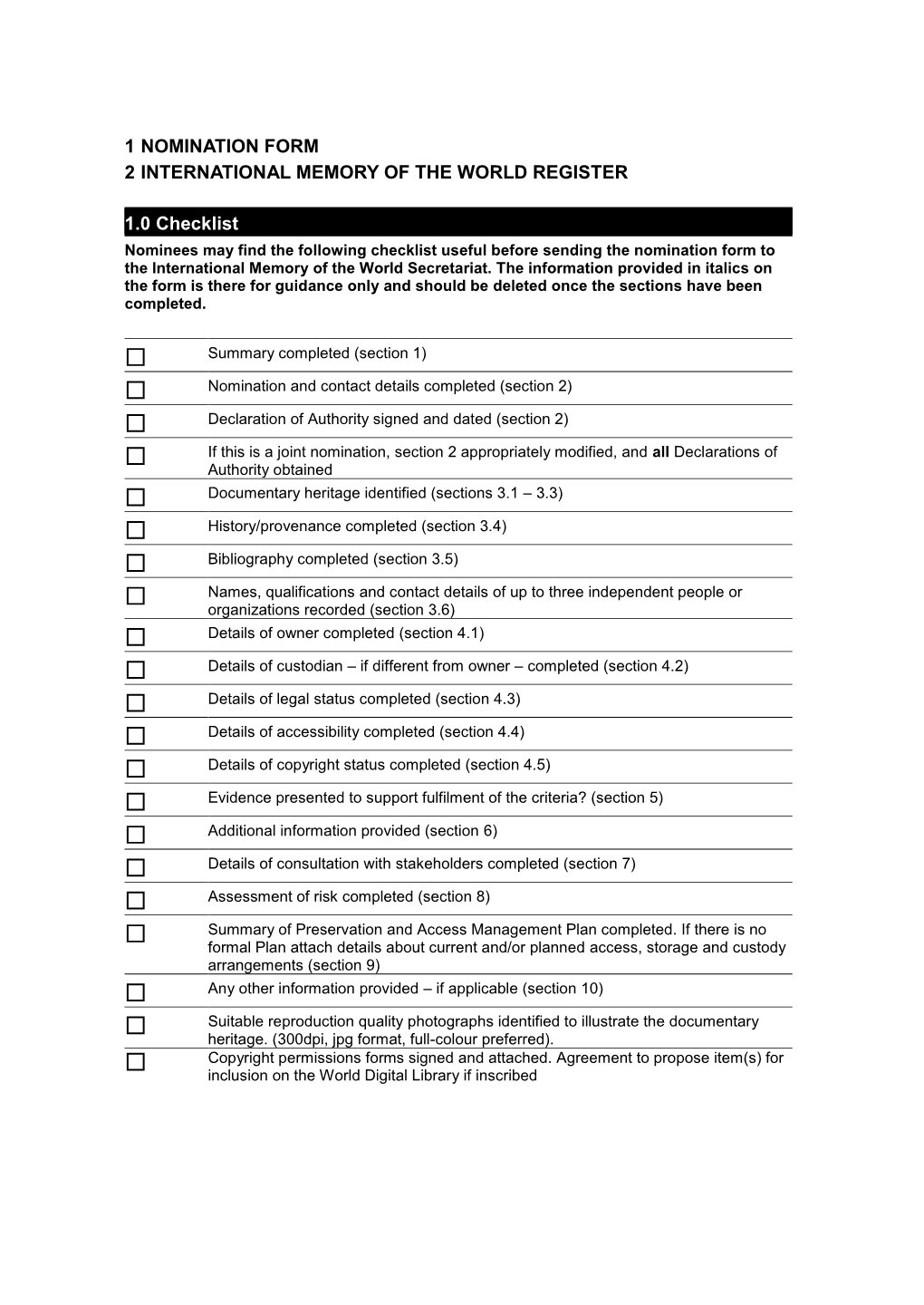 Nomination Form 2 International Memory of the World Register