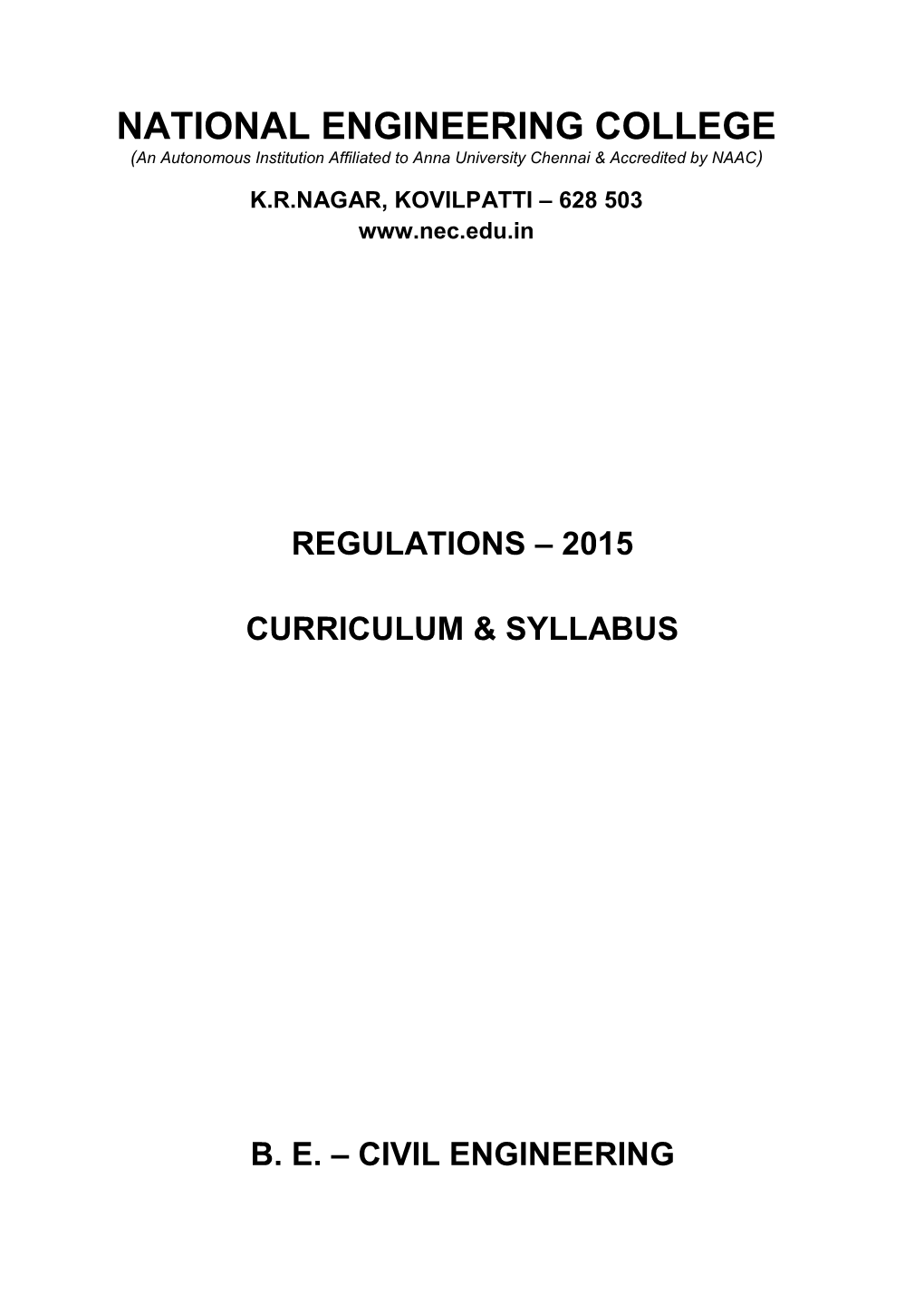CIVIL ENGINEERING NATIONAL ENGINEERING COLLEGE, KOVILPATTI (An Autonomous Institution, Affiliated to Anna University, Chennai)
