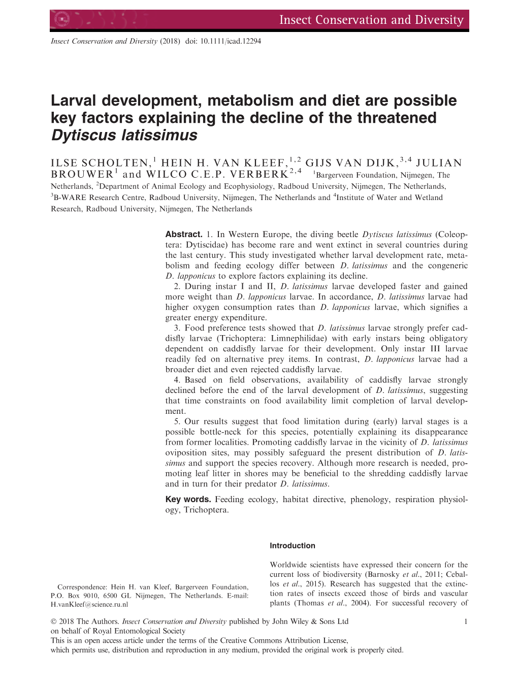 Larval Development, Metabolism and Diet Are Possible Key Factors Explaining the Decline of the Threatened Dytiscus Latissimus