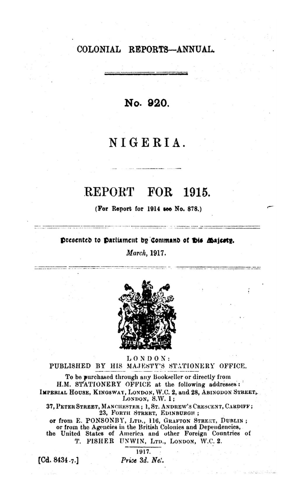 Annual Report of the Colonies, Nigeria, 1915