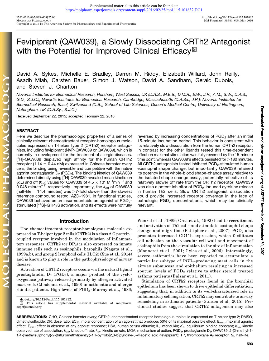 Fevipiprant (QAW039), a Slowly Dissociating Crth2 Antagonist with the Potential for Improved Clinical Efficacy S