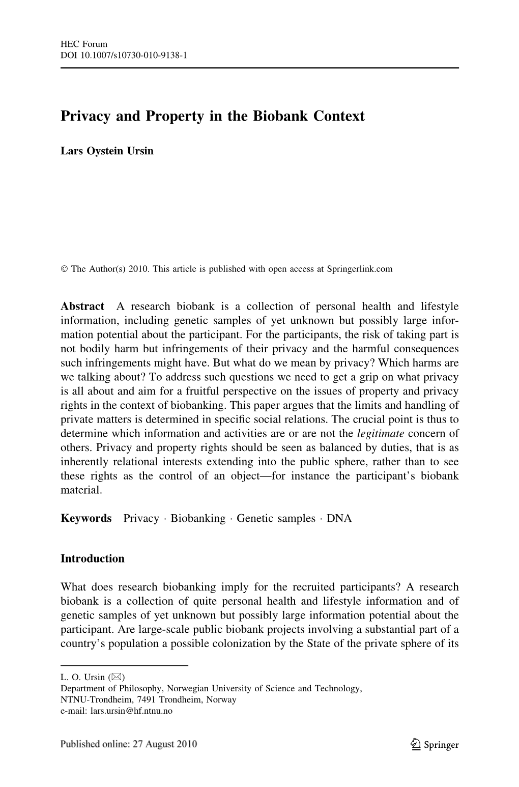 Privacy and Property in the Biobank Context