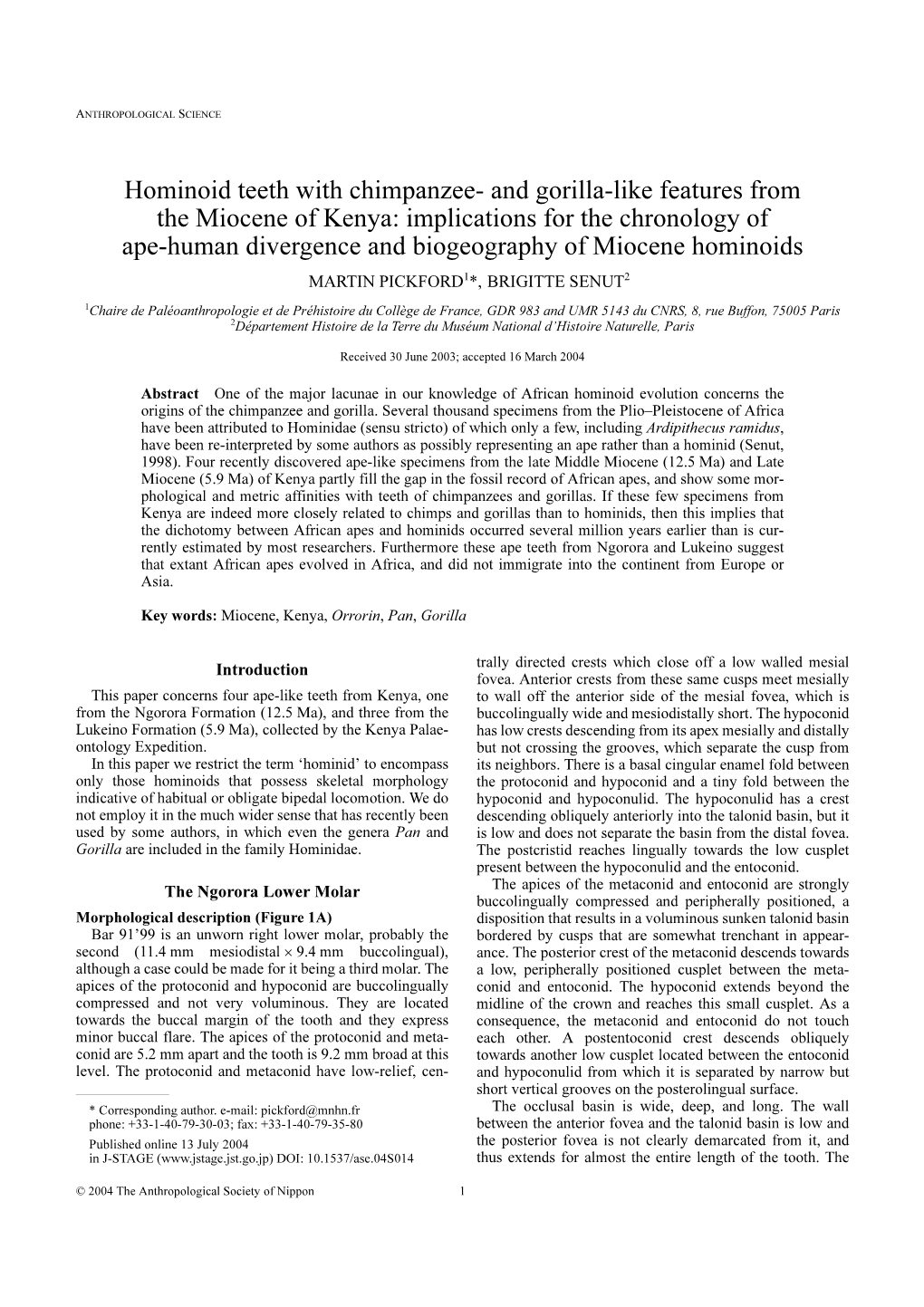 Hominoid Teeth with Chimpanzee- and Gorilla-Like Features from the Miocene of Kenya: Implications for the Chronology of Ape-Huma