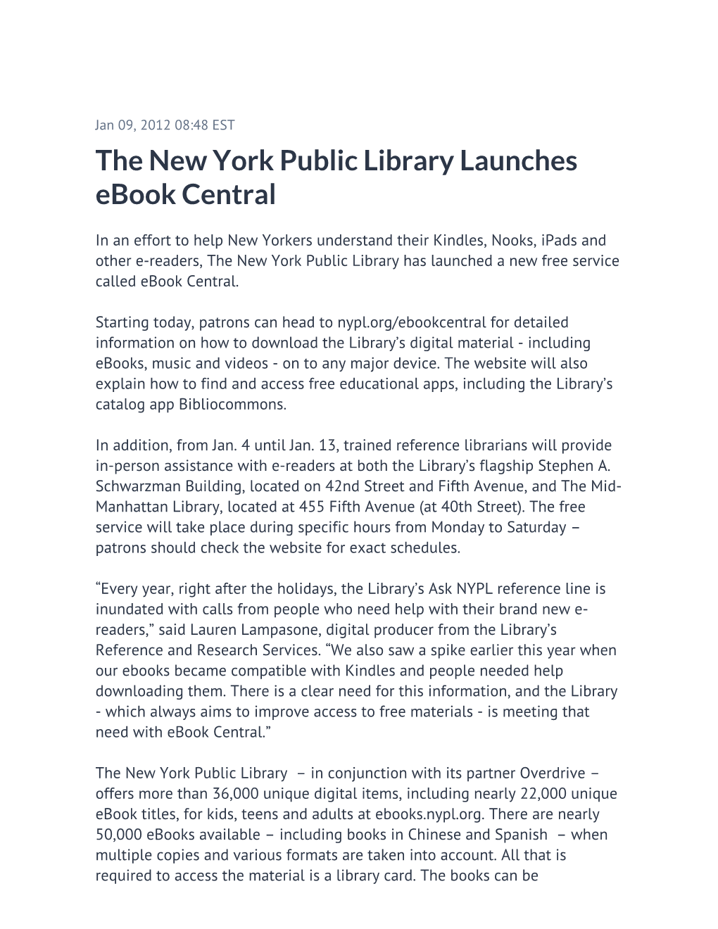 The New York Public Library Launches Ebook Central