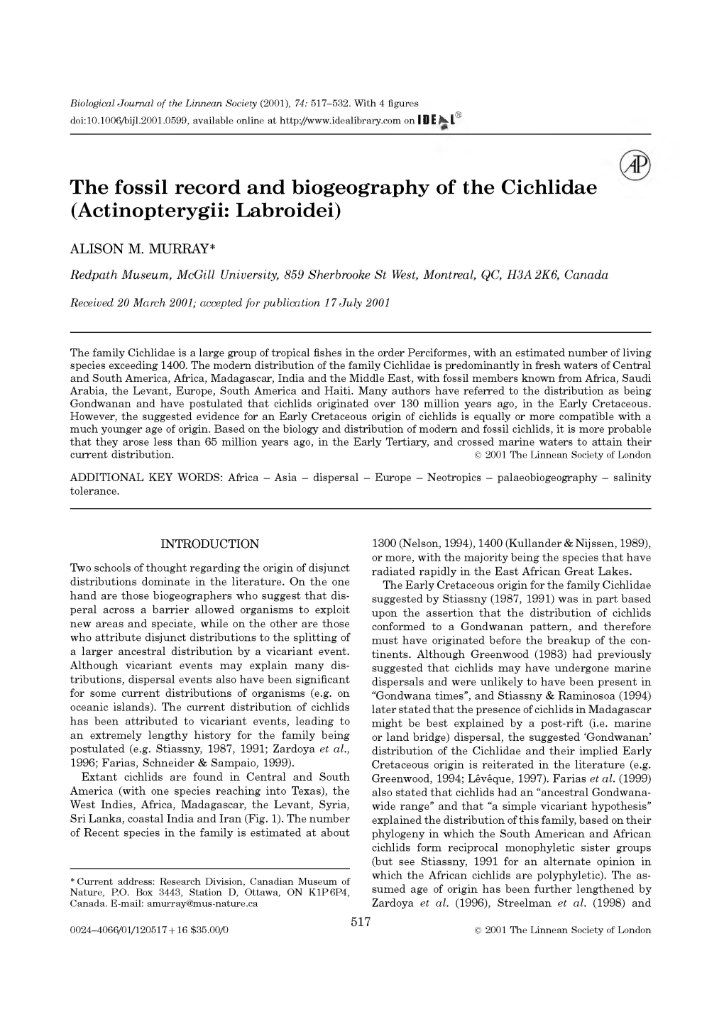 The Fossil Record and Biogeography of the Cichlidae (Actinopterygii: Labroidei)