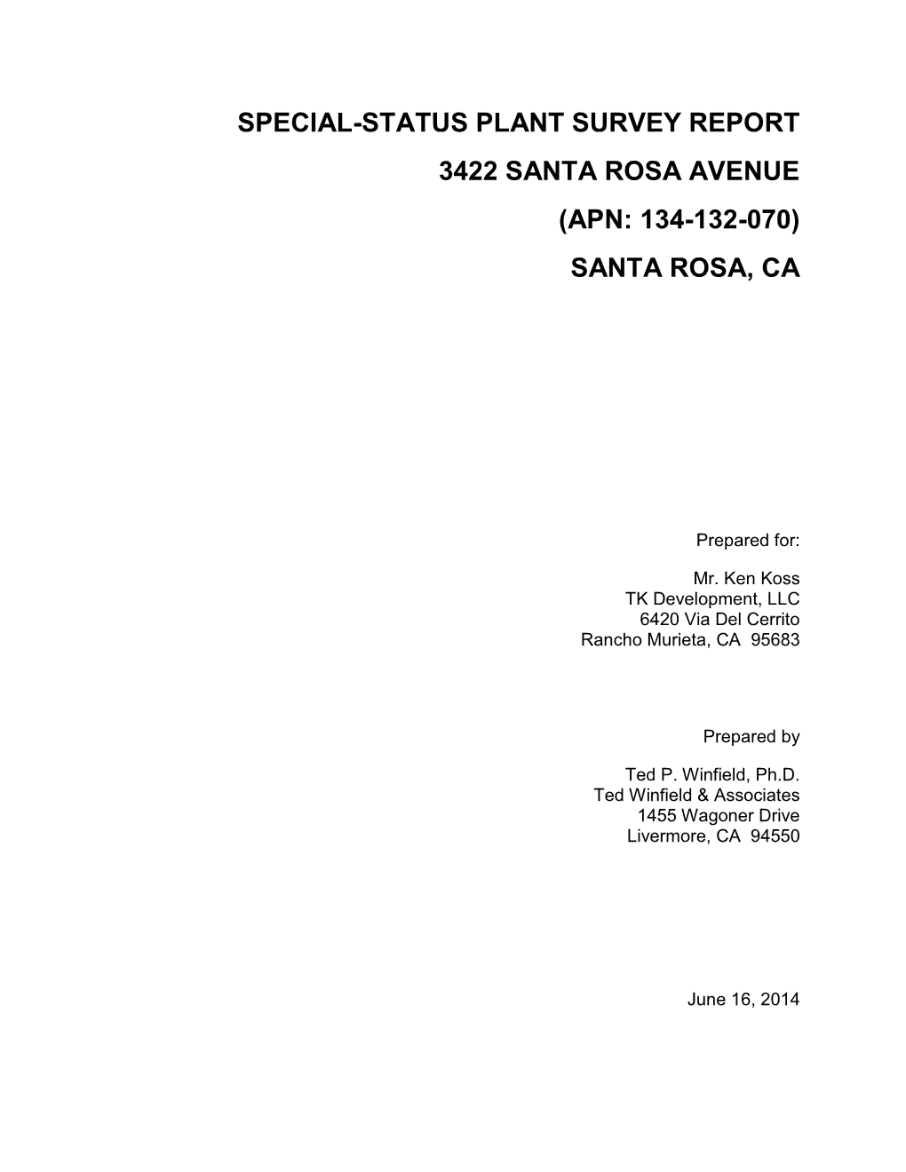 Special-Status Plant Survey Report 3422 Santa Rosa Avenue (Apn: 134-132-070) Santa Rosa, Ca