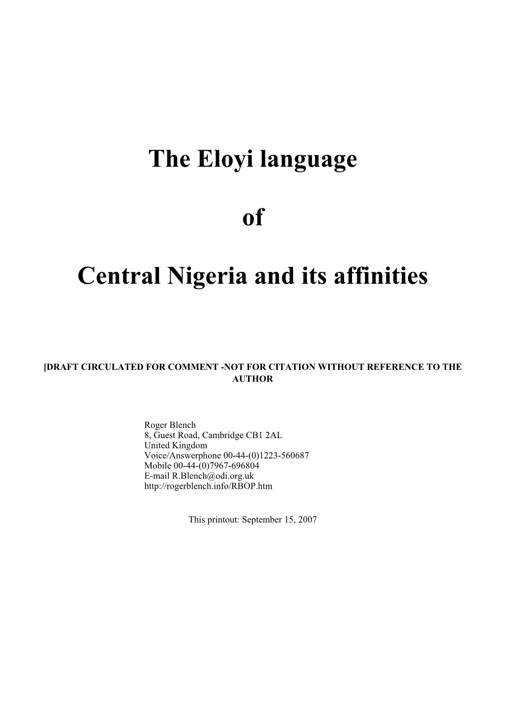 The Eloyi Language of Central Nigeria and Its Affinities