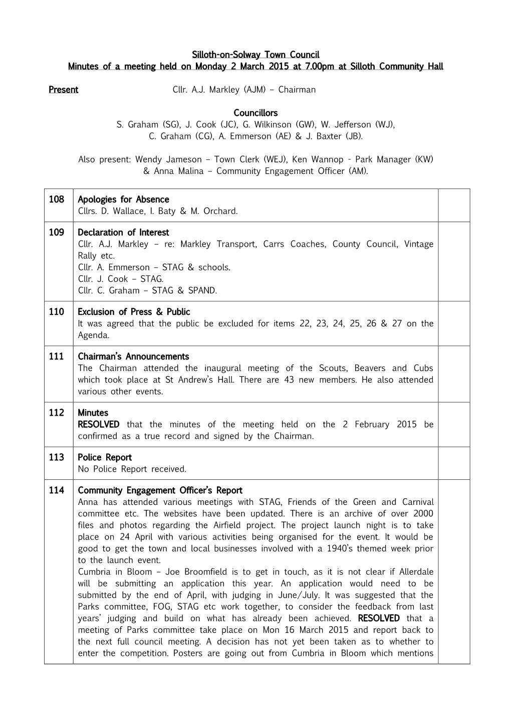 Silloth-On-Solway Town Council Minutes of a Meeting Held on Monday 2 March 2015 at 7.00Pm at Silloth Community Hall