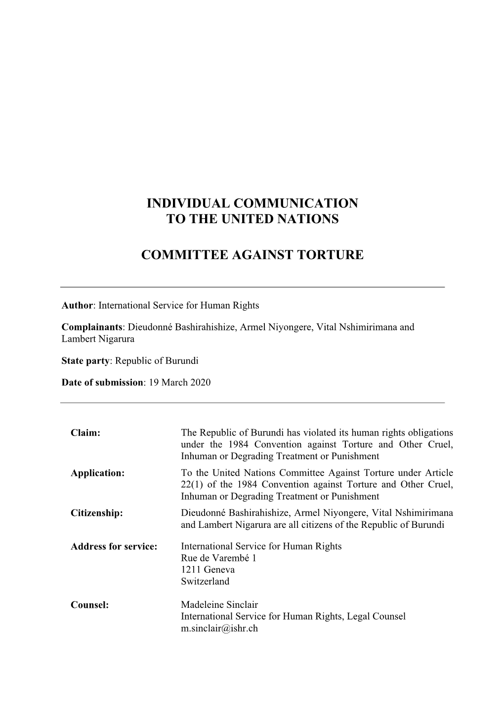 Individual Communication to the United Nations Committee Against Torture