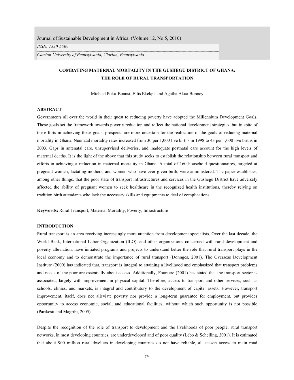 Combating Maternal Mortality in the Gushegu District of Ghana: the Role of Rural Transportation