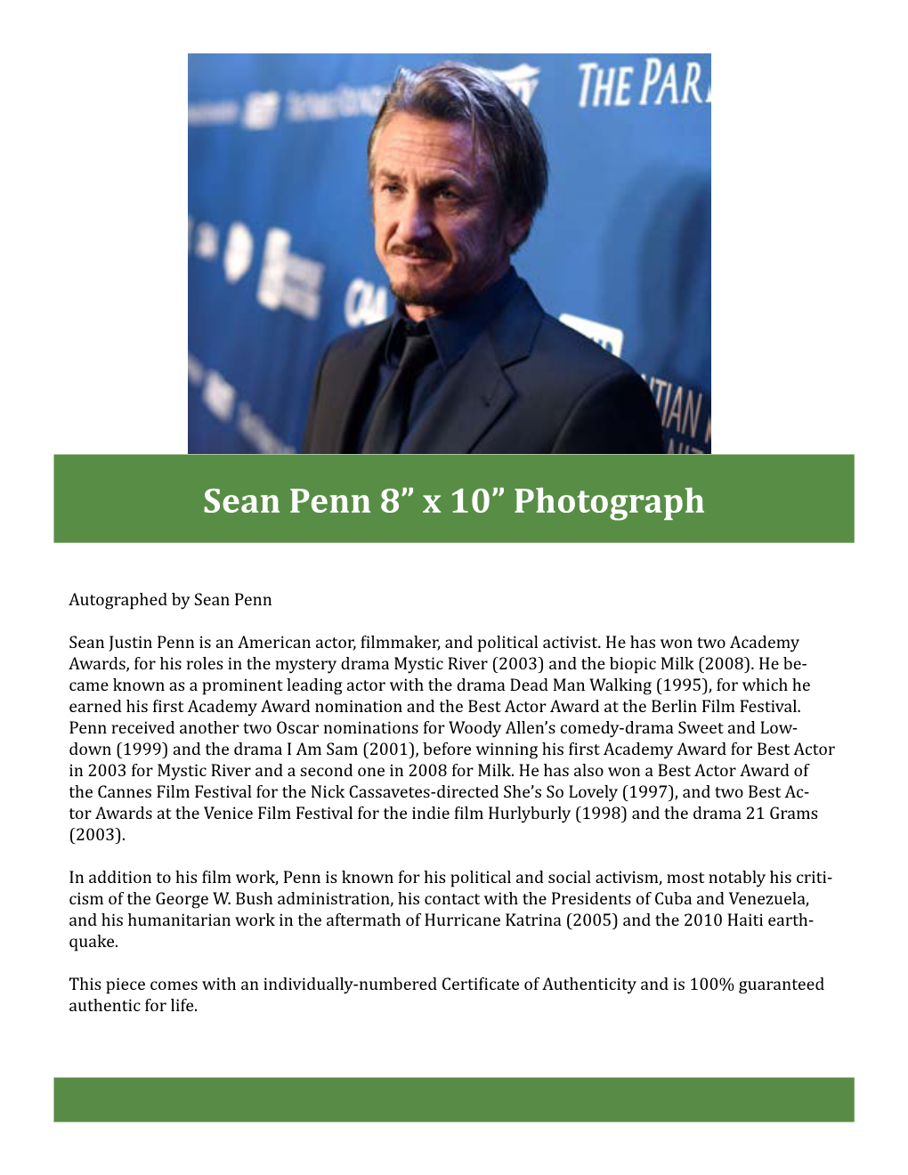 Sean Penn 8” X 10” Photograph