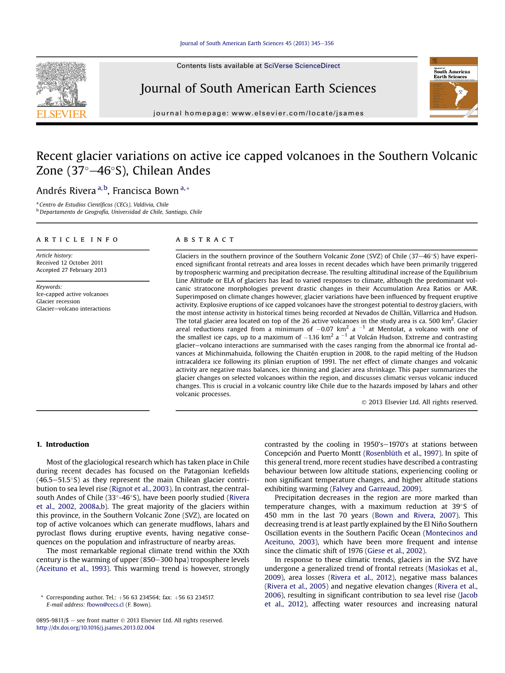 Recent Glacier Variations on Active Ice Capped Volcanoes in the Southern Volcanic Zone (37�E46�S), Chilean Andes