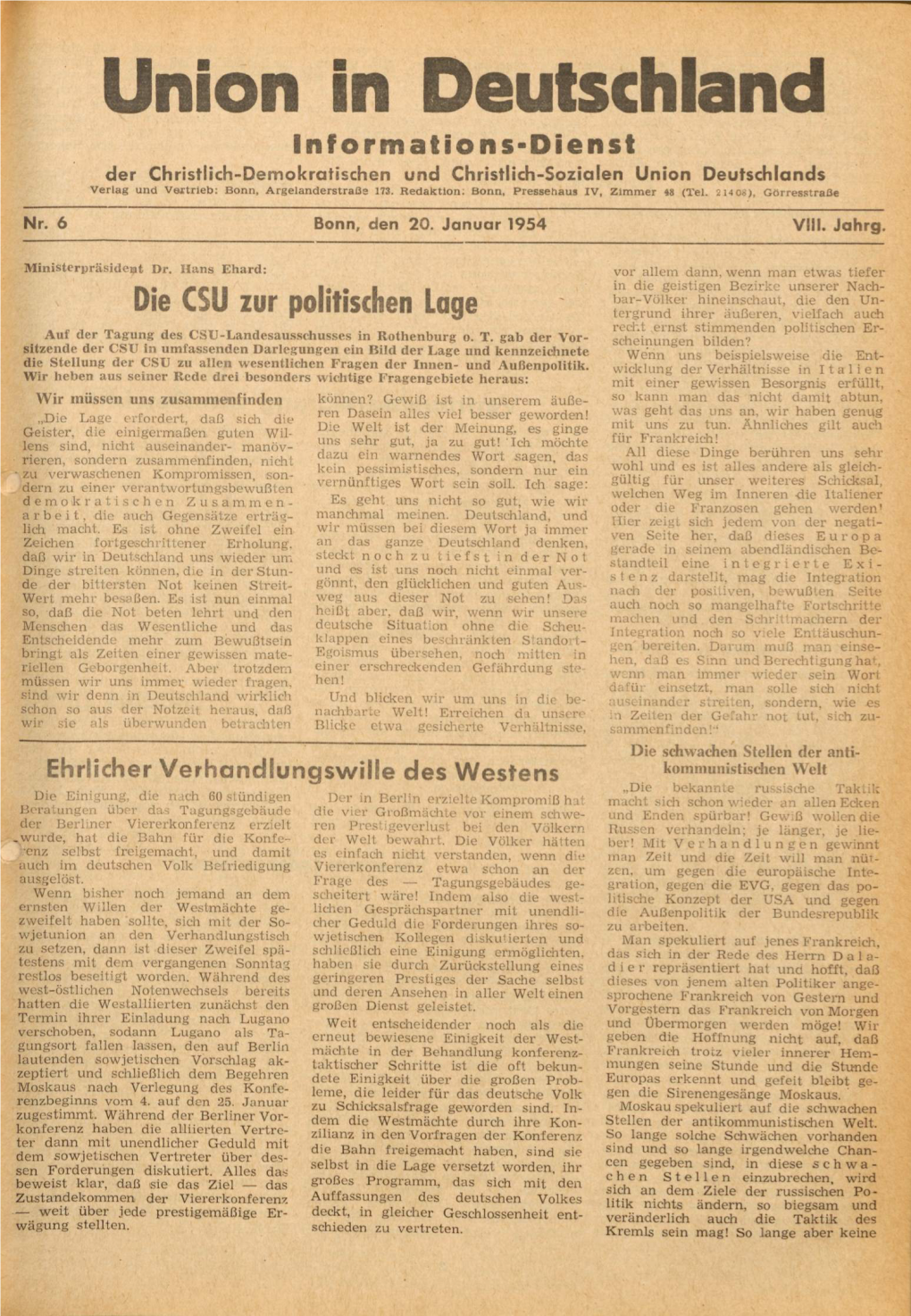 UID Jg. 8 1954 Nr. 6, Union in Deutschland