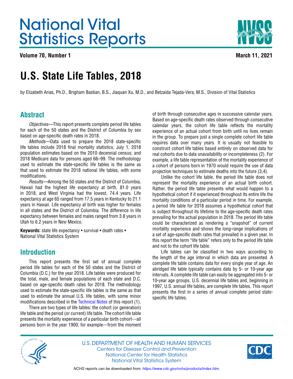 National Vital Statistics Reports Volume 70, Number 1 March 11, 2021