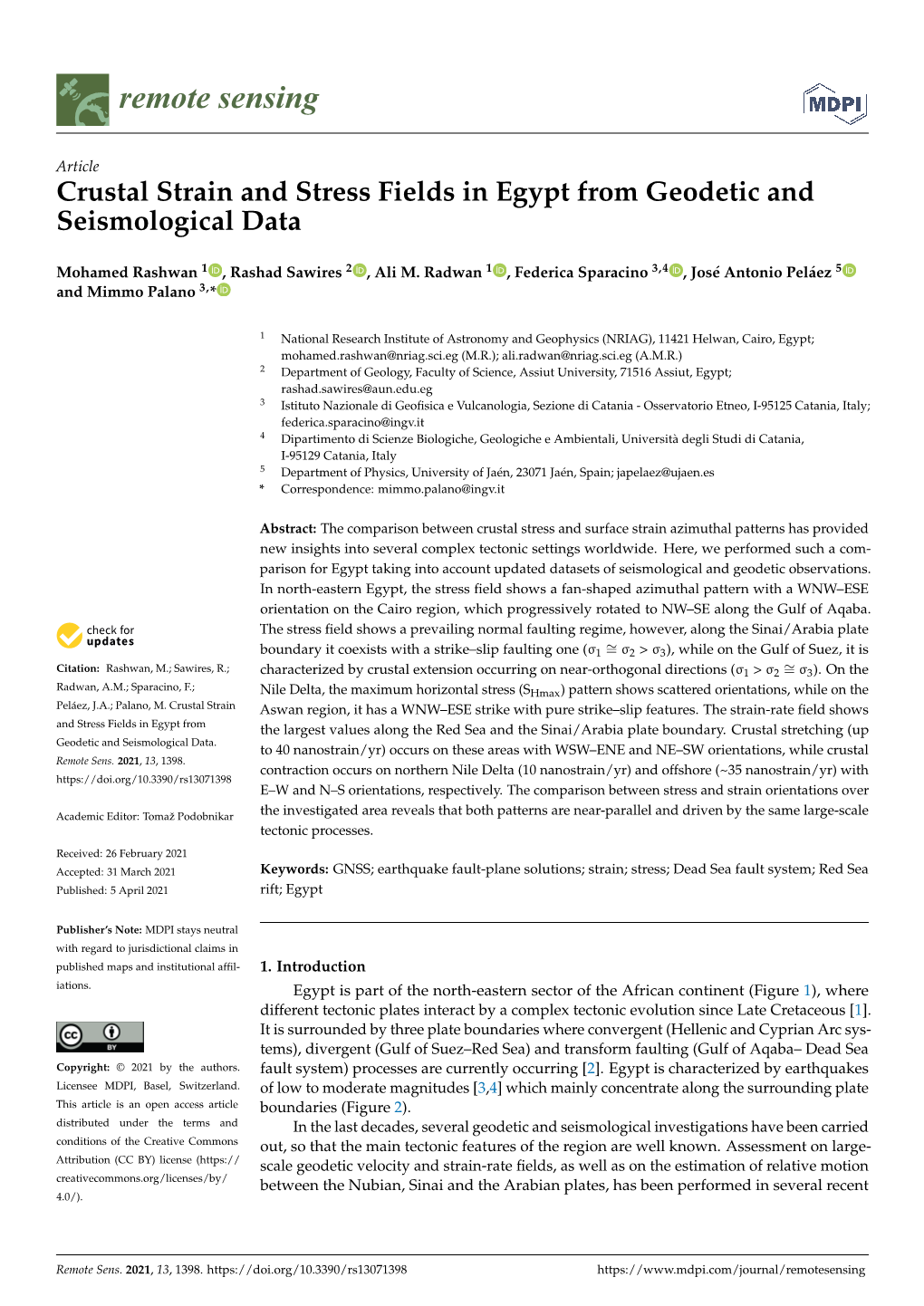 Crustal Strain and Stress Fields in Egypt from Geodetic and Seismological Data