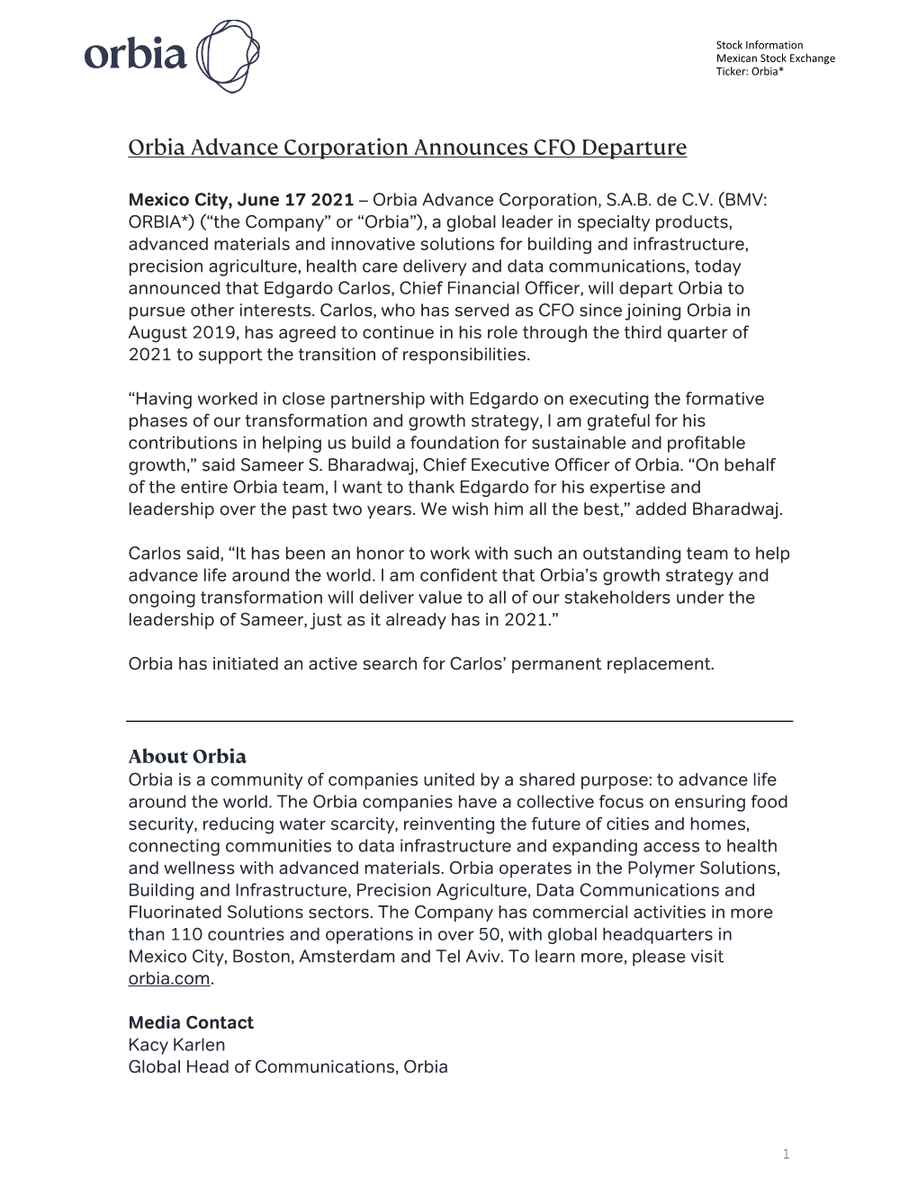 Orbia Advance Corporation Announces CFO Departure