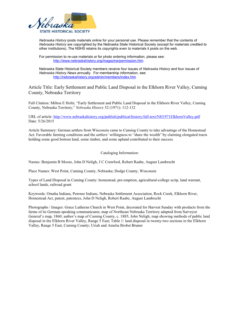 Early Settlement and Public Land Disposal in the Elkhorn River Valley, Cuming County, Nebraska Territory