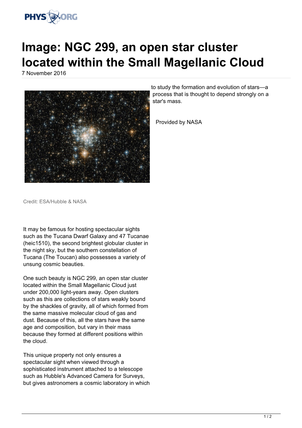 NGC 299, an Open Star Cluster Located Within the Small Magellanic Cloud 7 November 2016