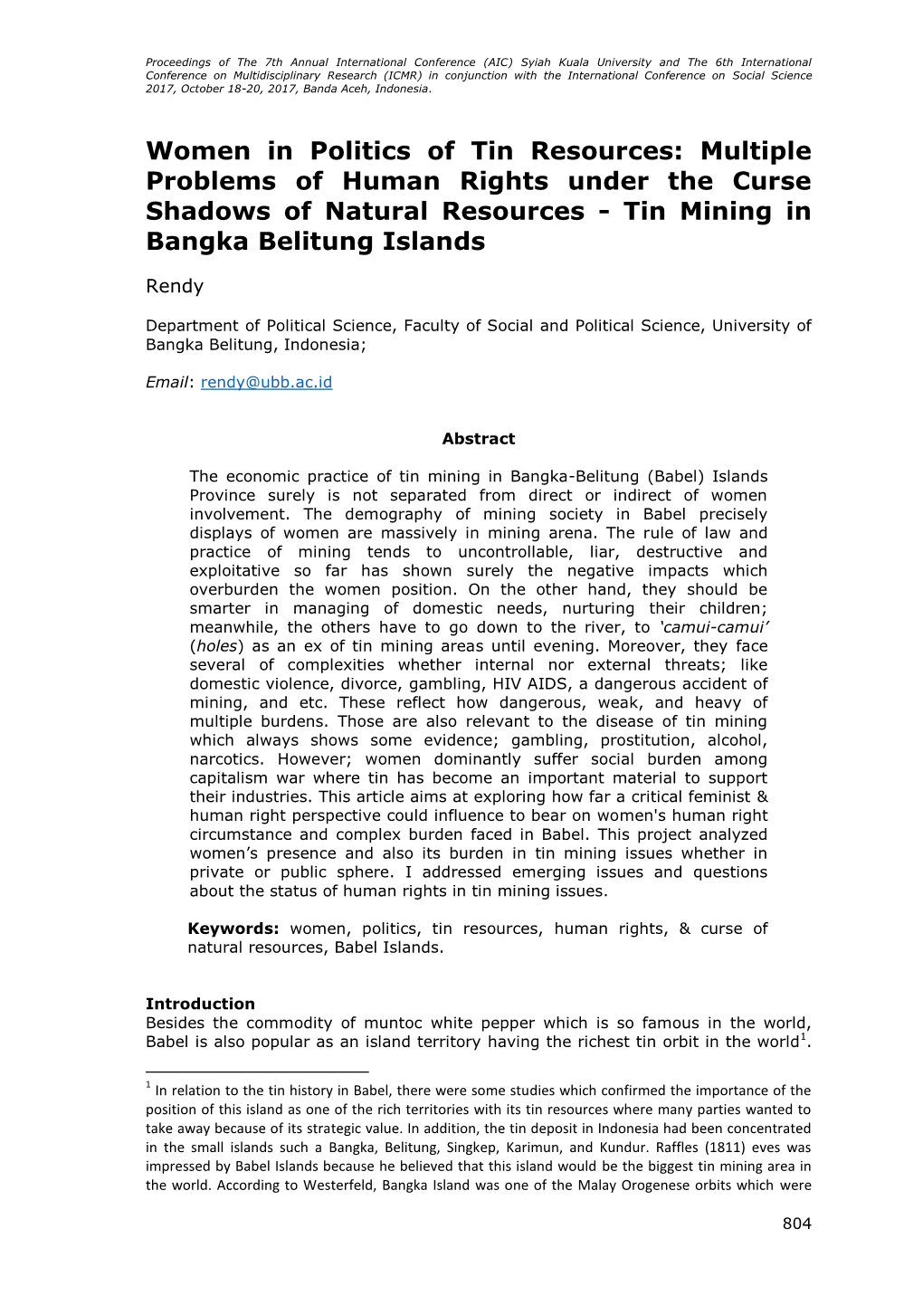 Women in Politics of Tin Resources: Multiple Problems of Human Rights Under the Curse Shadows of Natural Resources - Tin Mining in Bangka Belitung Islands